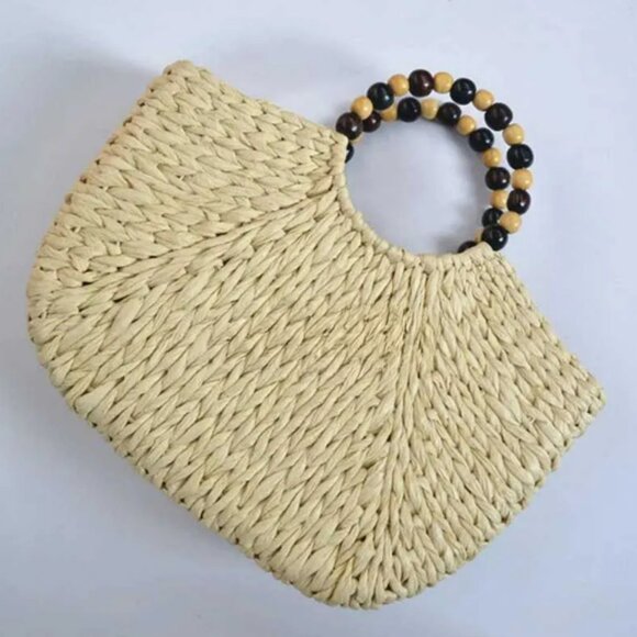 Handmade Woven Straw Bag with Wooden Bead Handles | Vacation Beach Bag | Gift - Picture 6 of 8